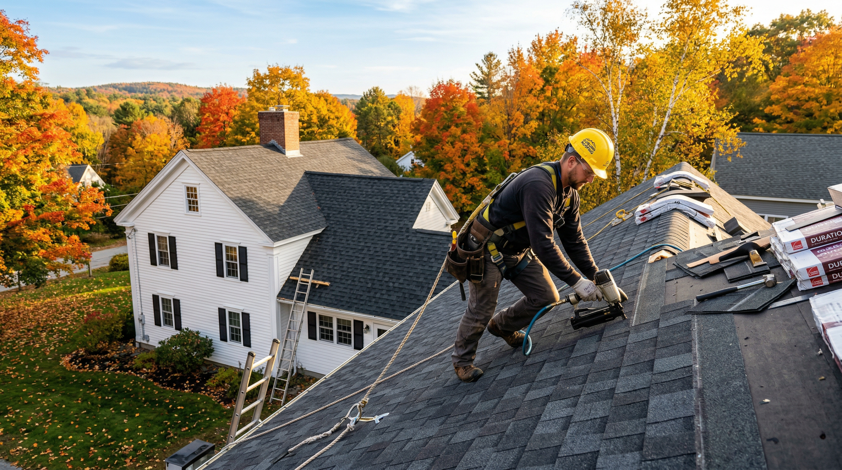 Professional roofer installing shingles on a Maine home surrounded by fall foliage